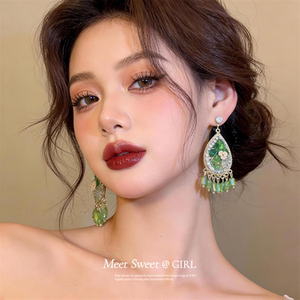 森系绿水滴流苏耳钉耳坠女