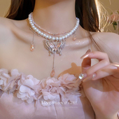 粉色蝴蝶珍珠项链轻奢小众夸张高级感颈链锁骨链新娘礼服配饰女款