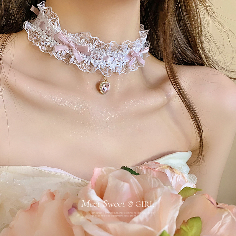 纯欲粉色蝴蝶结蕾丝choker