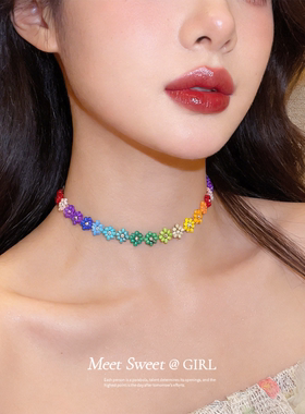 多巴胺米粒串珠花朵choker项链女