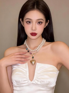 复古彩钻白色爱心珍珠项链