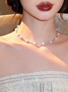 轻奢珍珠水钻项链耳环手镯三件套