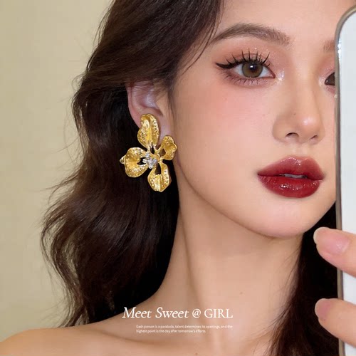 欧美褶皱花朵耳钉夸张时尚耳环女