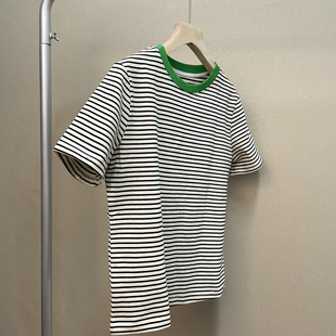 T恤女 怎么看怎么舒服 极简款 S简约撞色领宽松条纹纯棉短袖