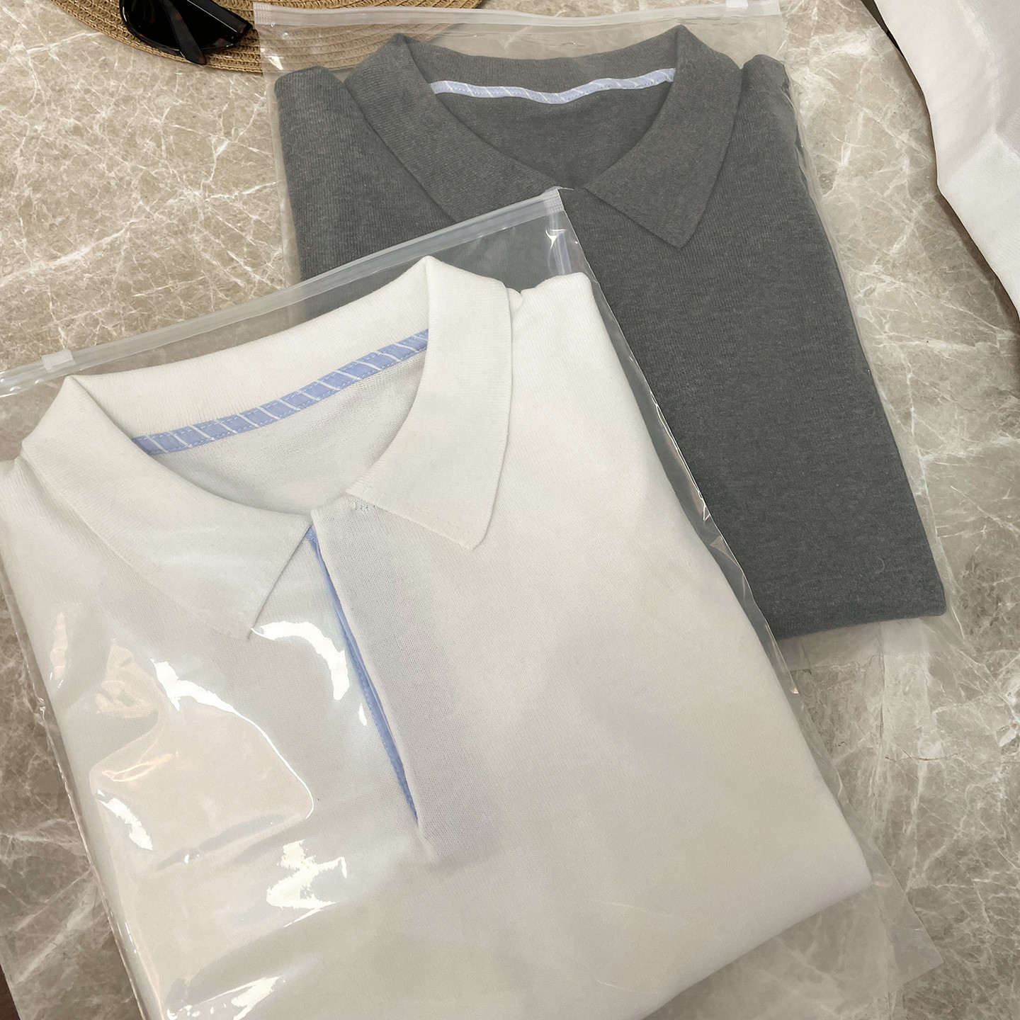 渠道货！！！掌柜自留推，m*u系休闲拼接衬衫polo领针织短袖衫女