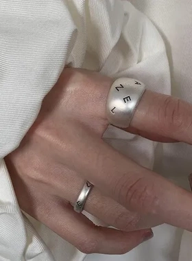 戒指食指戒创意网红个性叠戴女嘻哈甜酷指环开口百搭复古字母做旧