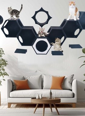 黑色实木猫墙猫爬架壁挂六角猫窝跳台猫树猫玩具创意定制