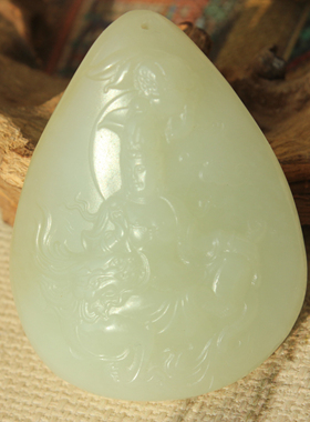 王实斋珠宝/新疆和田玉糖白玉送子观音菩萨挂件吊坠手把件白润H64