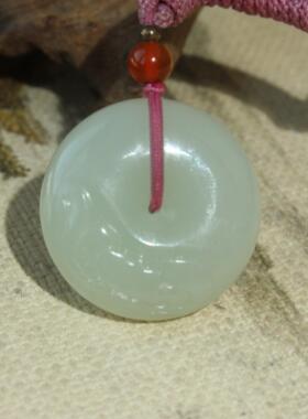 王实斋珠宝/新疆和田玉31mm白玉莲花平安扣挂件吊坠润带证书H113