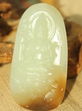 王实斋珠宝/新疆和田玉糖白玉观音菩萨凤凰挂件吊坠糖白分明H157