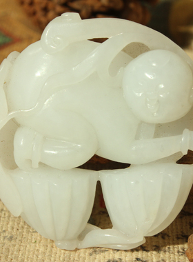 王实斋珠宝/俄料和田玉白玉童子莲藕如意挂件手把件油白度好F742