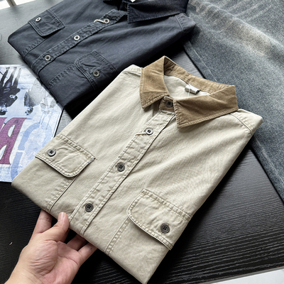 美式复古撞色拼接！春秋男士翻领纯棉口袋长袖衬衫S10748