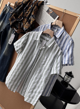 夏季男士天然亚麻亲肤透气竖条纹休闲短袖麻衬衫24892