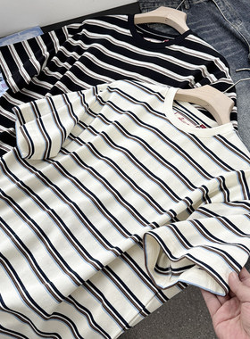 美式复古条纹T恤男短袖重磅棉打底衫宽松夏季潮流百搭半袖98257