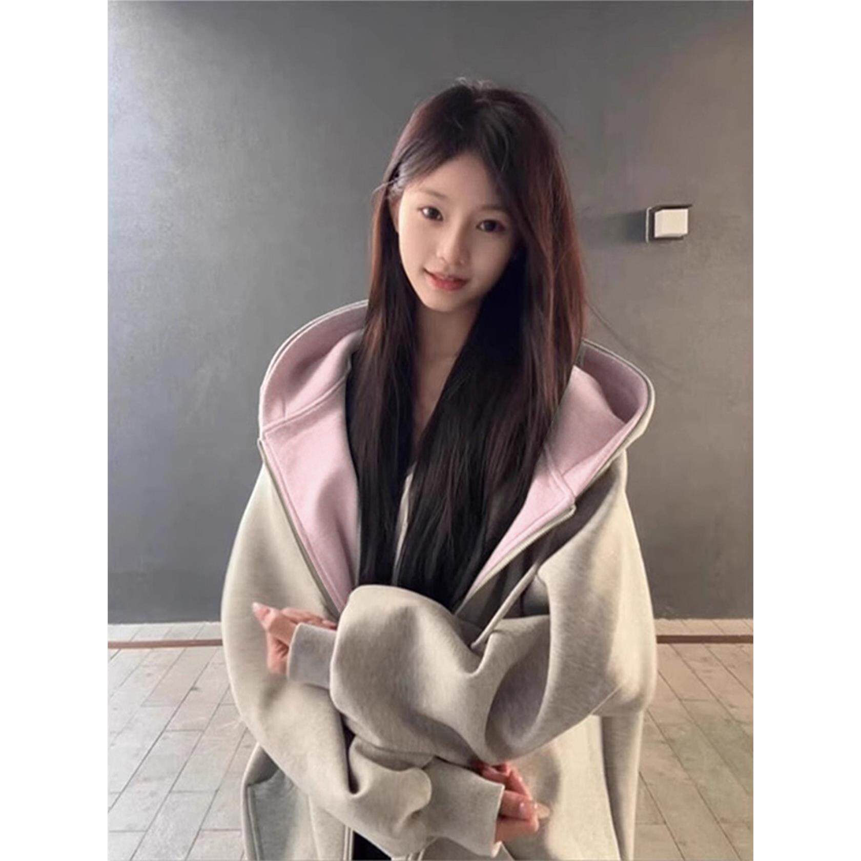 灰粉色连帽卫衣薄外套女款早秋季2025新款韩系慵懒宽松开衫巨好看