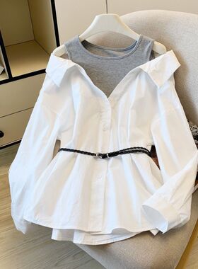 2025法式秋季新款露肩设计拼接两件气质长袖宽松衬衣衬衫上衣女