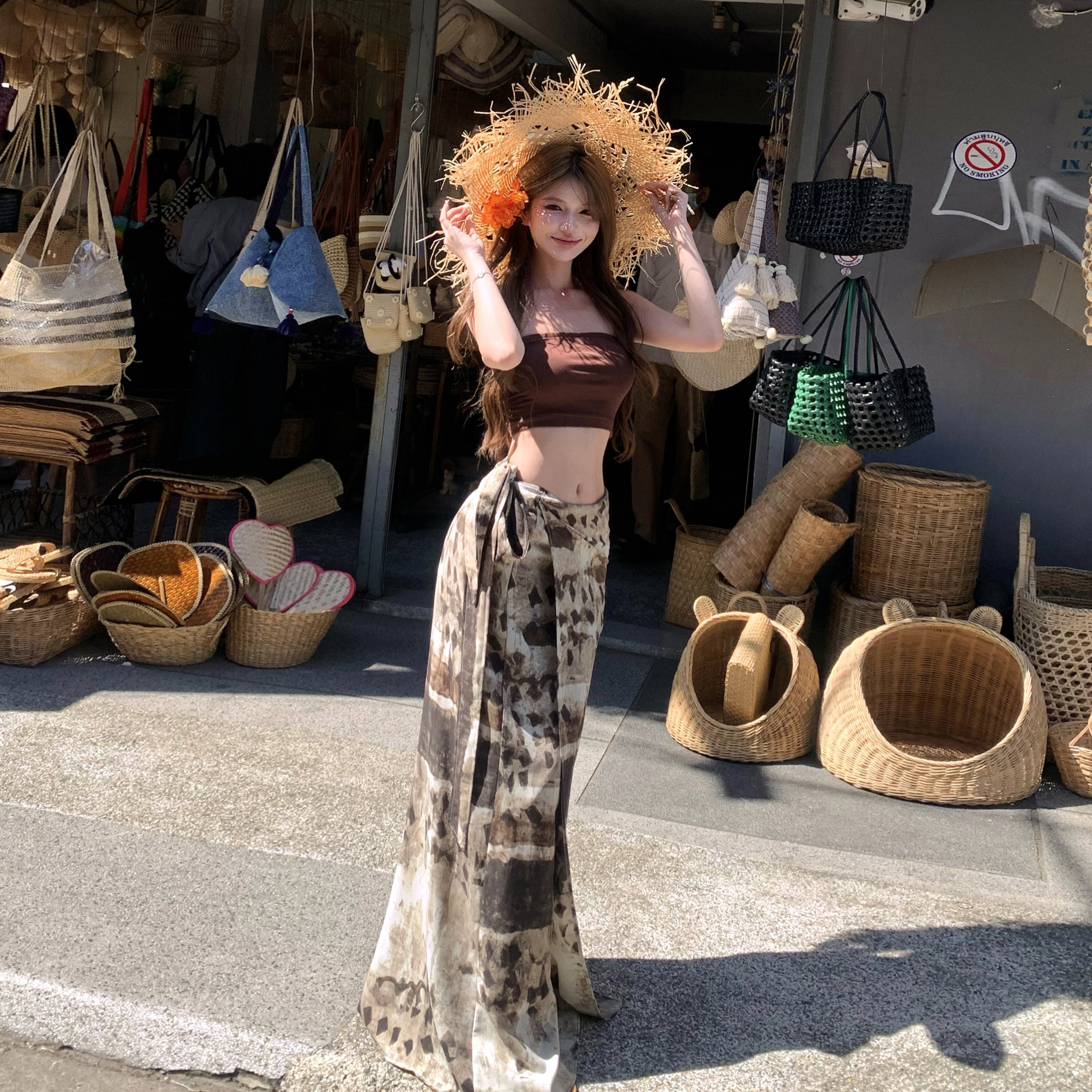 泰国云南旅游度假套装夏季性感抹胸上衣复古印花半身长裙两件套女