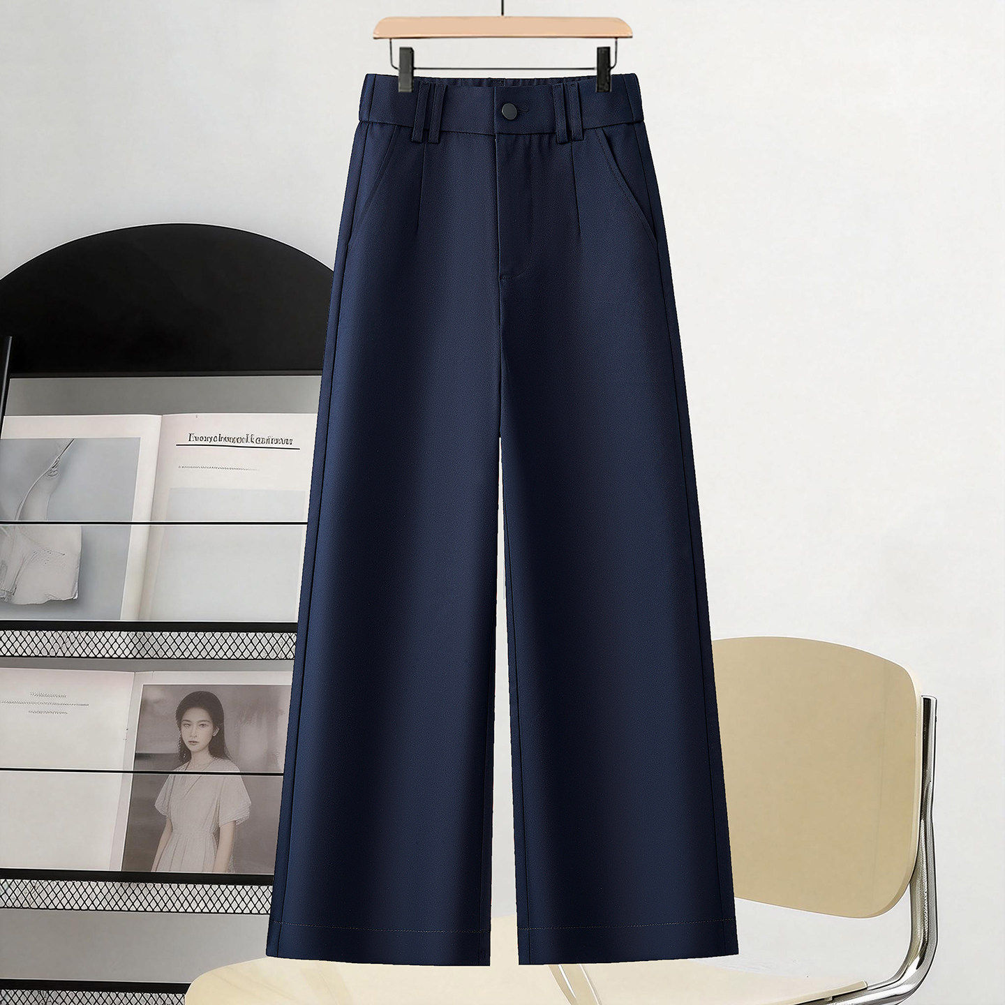 小个子藏青色窄版阔腿西装裤女2026春夏高腰松紧垂感九分直筒裤女