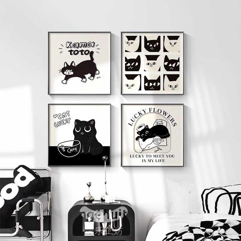 客厅装饰画黑白极简猫咪沙发背景墙挂画小众艺术现代简约玄关壁画