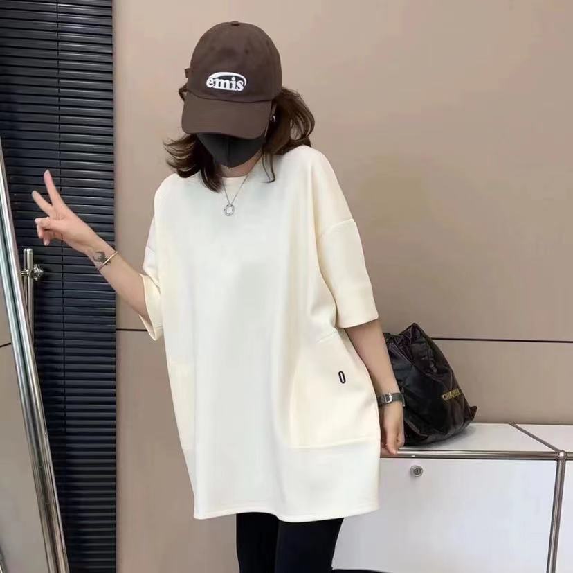 纯色刺绣茧型短袖T恤女23港味chic新款圆领半袖上衣宽松中长体恤