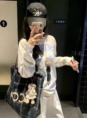 新款帆布包法式英伦风格子托特包包女日常通勤大容量手提包购物袋