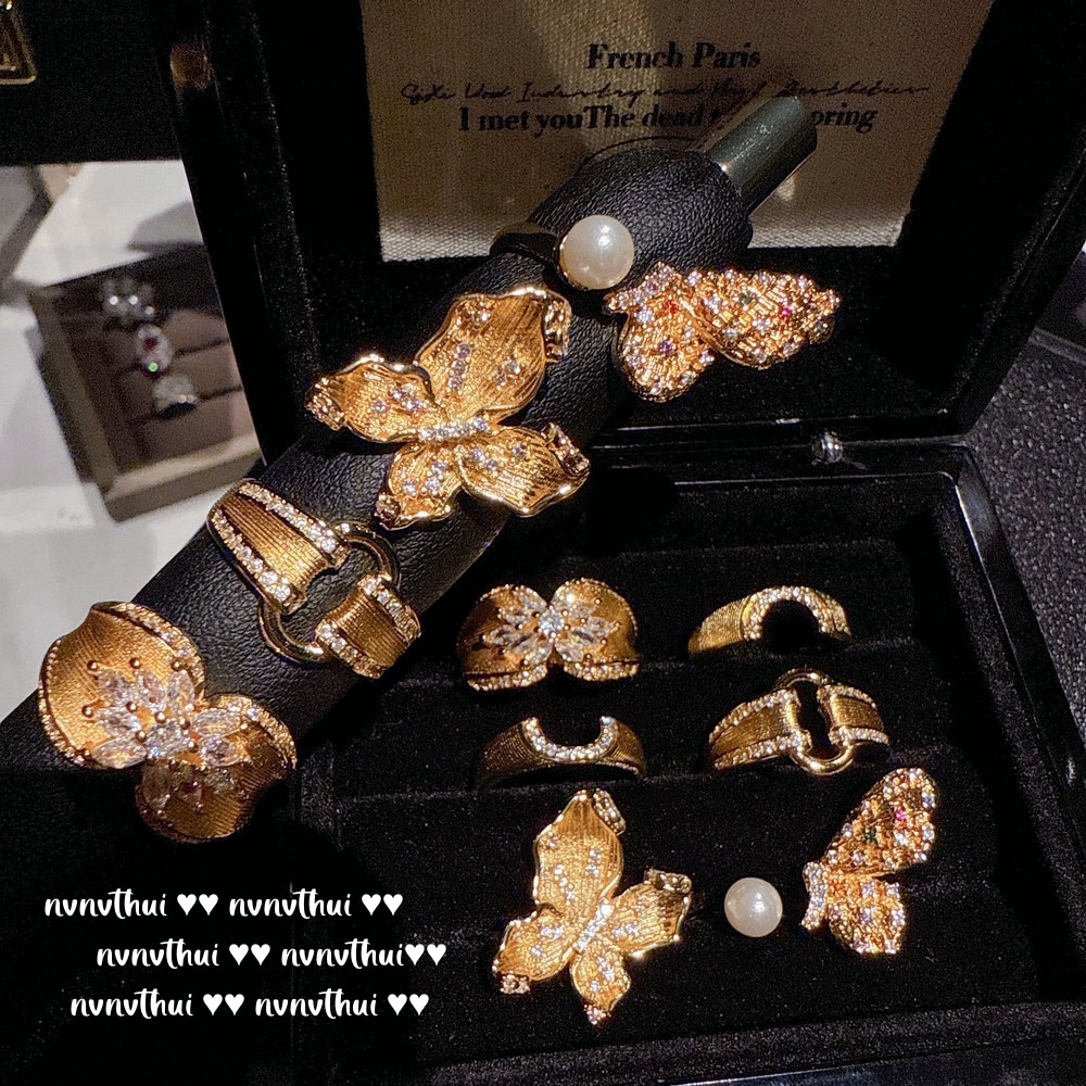 意大利复古拉丝并蒂莲花朵宝石戒指 Vintage镀18K金 锁扣锆石