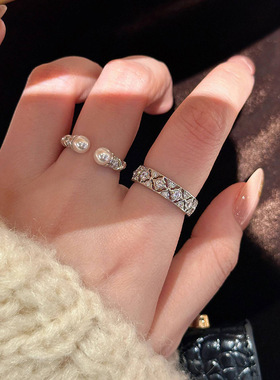 小红书爆款麻花双珍珠开口戒指小众设计食指戒轻奢气质高级感