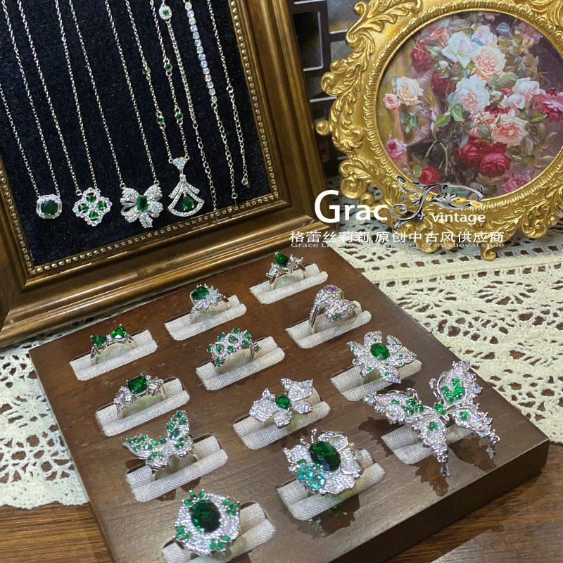 Grace璀璨油画孔雀绿宝石戒指 镀绿尖晶满钻宫廷风百搭手链项链