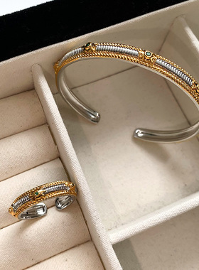 欧美祖母绿锆石古法拉丝手镯女轻奢小众精致高级手环重工复古手饰