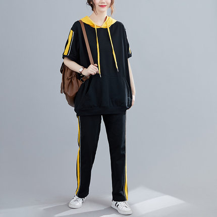 300斤特大码女装胖mm宽松夏装显瘦减龄撞色套装1910