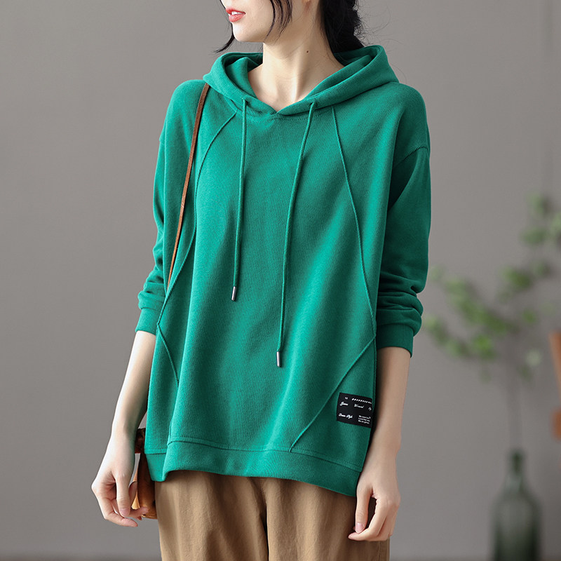 dza 文艺复古全棉纯色连帽短款卫衣女士2022新款春季休闲长袖上衣