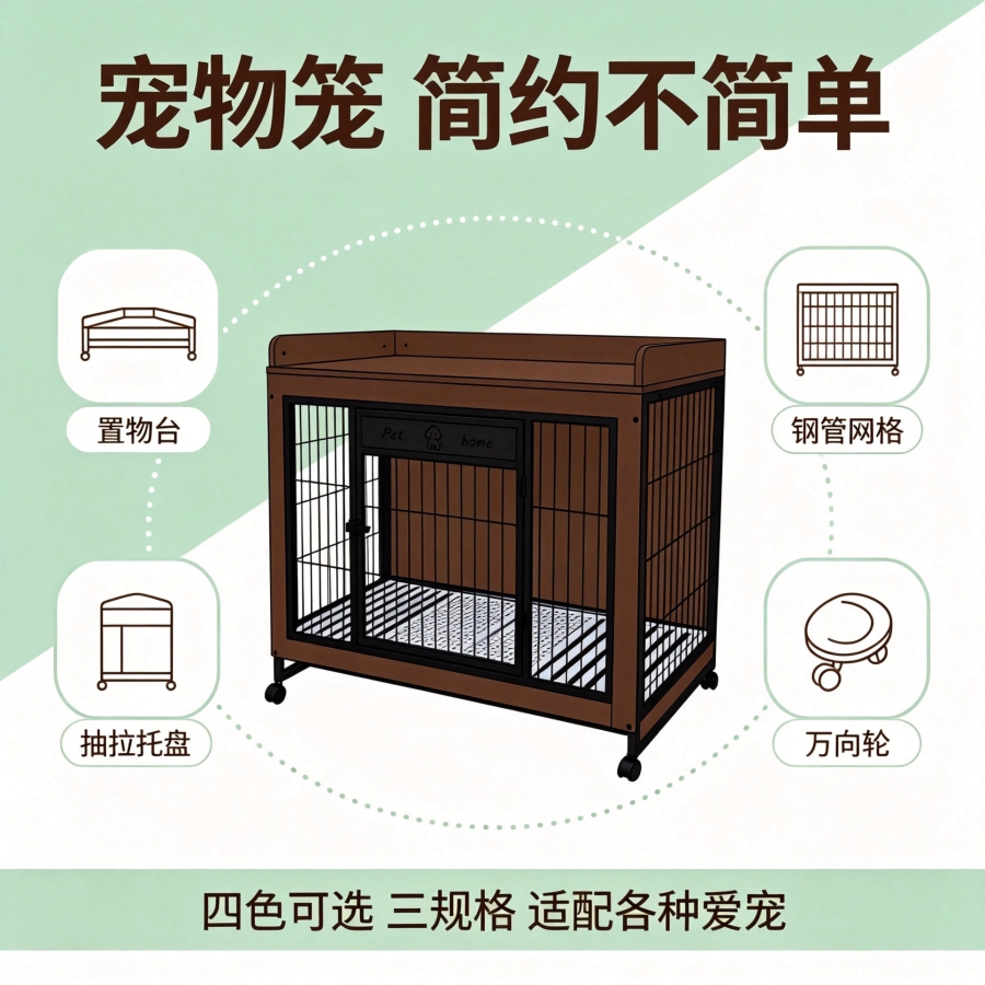 宠物笼加粗钢管加密网格带抽拉漏粪托盘静音万向轮家用狗笼子猫笼