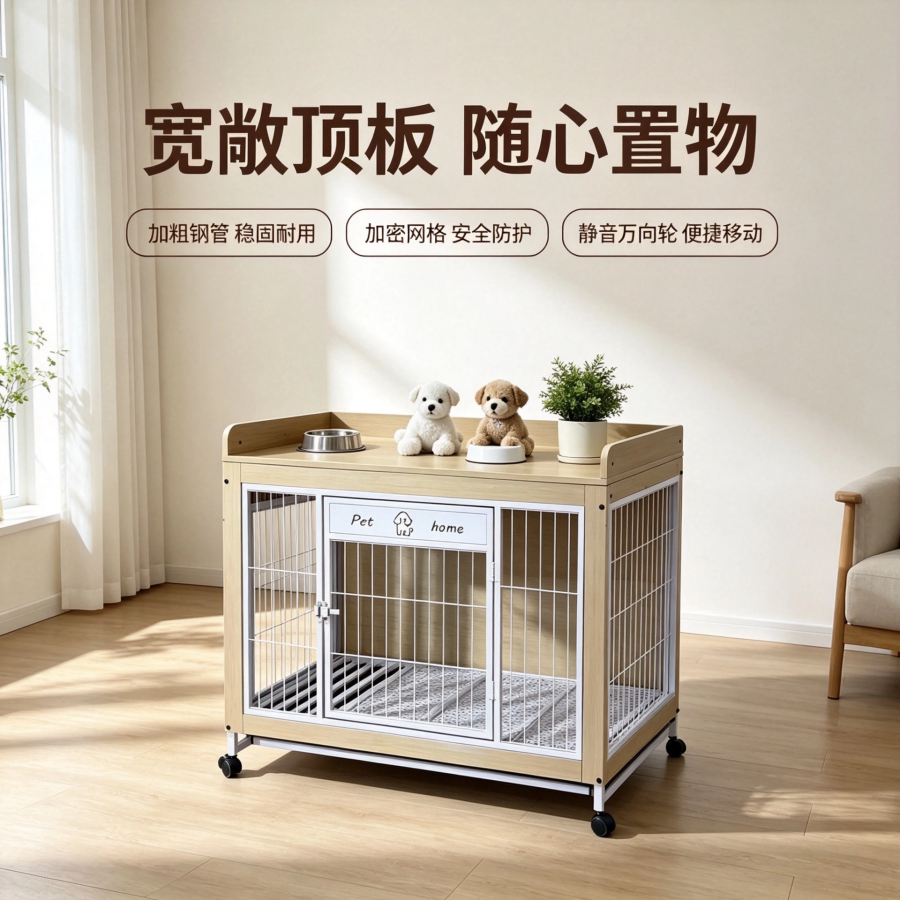 宠物笼加粗钢管室内狗笼子小型犬木板铁管双层万向轮加粗宠物房