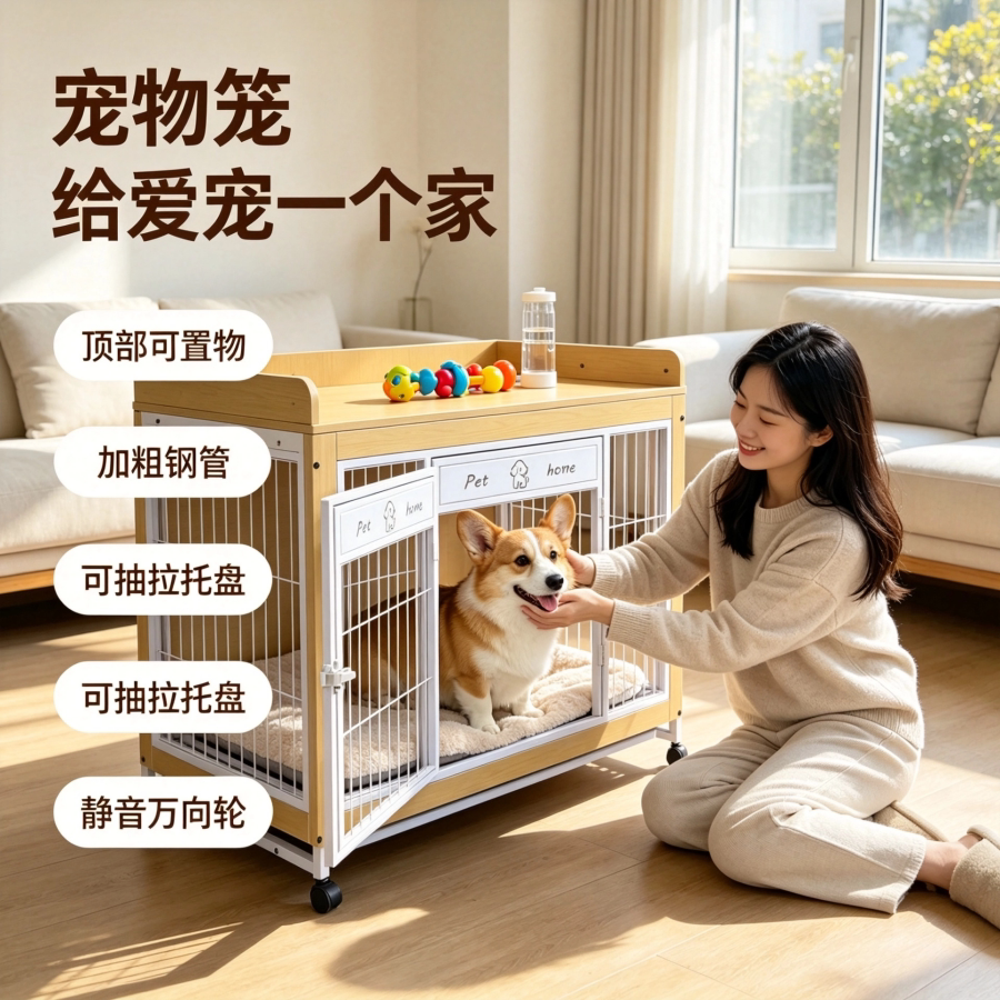 多功能宠物笼带置物顶板可移动万向轮漏粪托盘中小型犬室内水洗