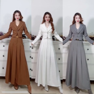 2025不退换高腰显瘦压褶半身裙长裙西装套装