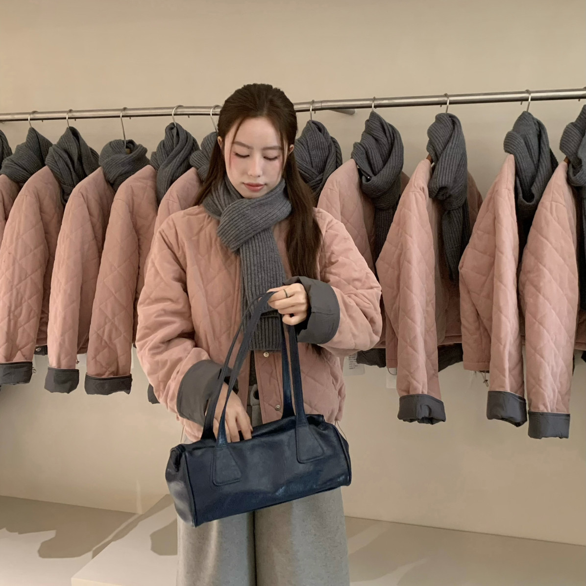 THIRTEEN 拾叁-级色条绒面夹棉外套撞色保暖棉服外套(配围巾)R259