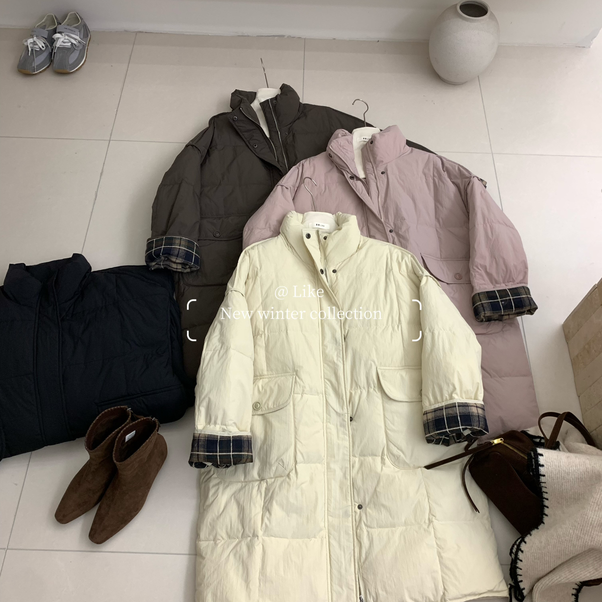 喜番-2025简约大板宽松格子拼接长款显瘦保暖羽绒服外套9921