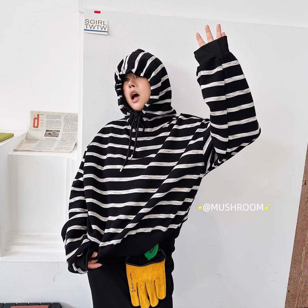 蘑菇头小姐2025秋季新款韩版复古百搭休闲时尚宽松连帽条纹卫衣女