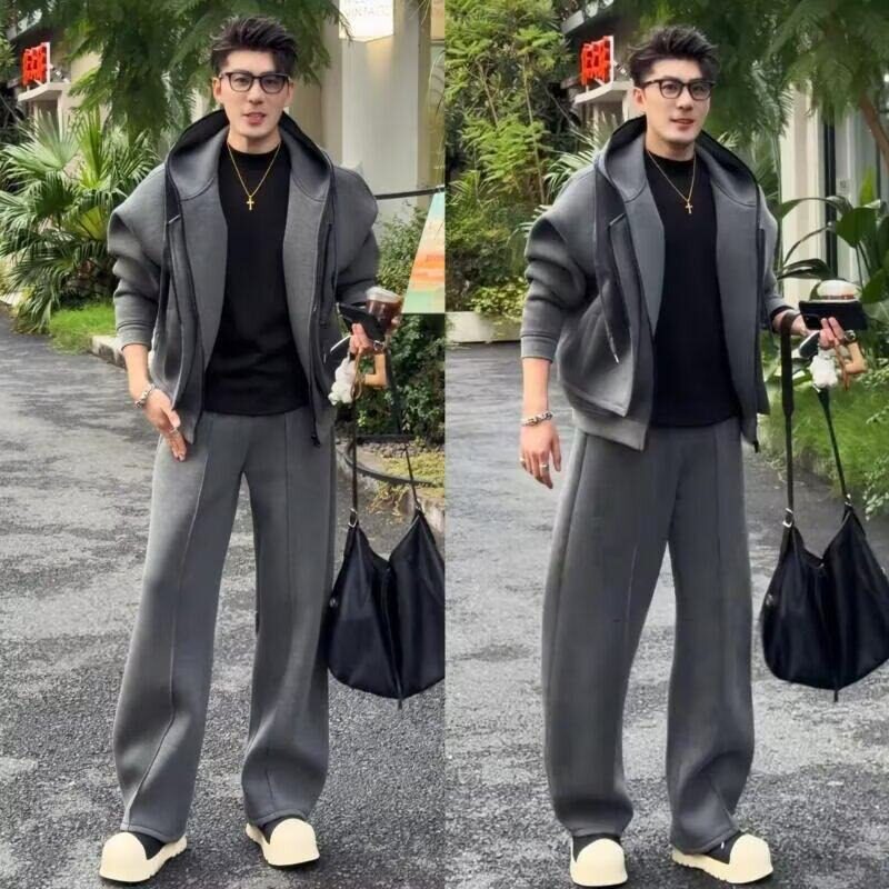 重磅廓形假两件连帽外套休闲套装春秋冬季新男士时尚简约气质高级