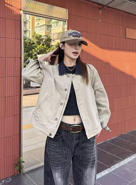 美式复古水洗拼接工装夹克外套女秋冬翻领高街小众休闲上衣潮