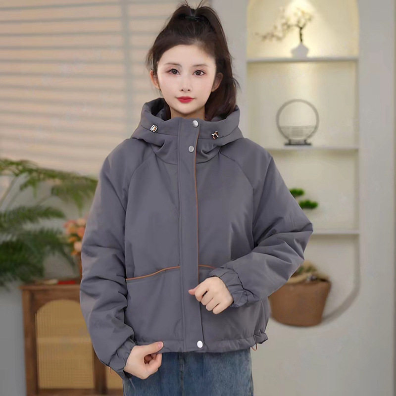 2025秋冬新款休闲简约连帽夹棉保暖外套女显瘦百搭洋气棉衣棉服