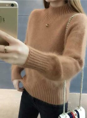 加厚内搭水貂绒毛衣女2026新款秋冬半高领套头针织衫宽松打底衫潮