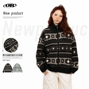 OREETA费尔岛撞色提花毛衣外套男女可穿宽松慵懒感学院风针织开衫