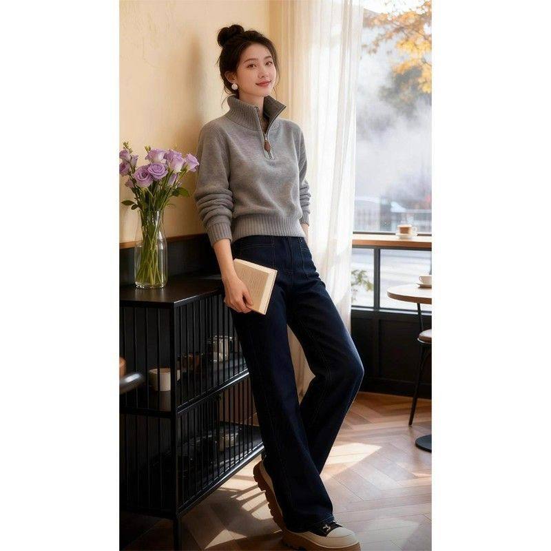 灰色立领半拉链针织衫女秋冬新款高级感洋气减龄毛衣内搭打底上衣,女装/女士精品,毛针织衫,淘宝优惠券,粉丝福利购,淘宝优惠卷