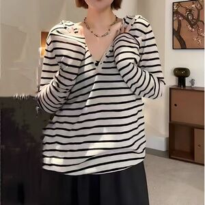 7290#大码条纹连帽秋季长袖防晒新款时尚纽扣开领宽松T恤打底上衣