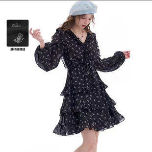 妖精的法式V领雪纺碎花连衣裙女2025春新款蝴蝶结满印小个子荷叶