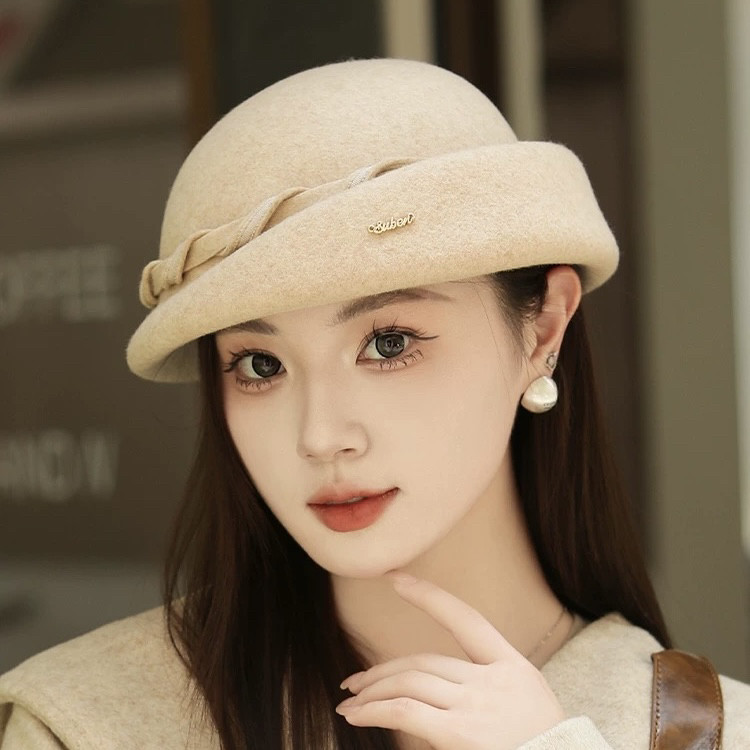 礼帽女秋冬真丝麻羊毛法式赫本风气质盆帽名媛风毡帽内扣灯罩帽子