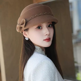 帽子女士秋冬季英伦复古小礼帽洋气羊毛鸭舌帽时尚圆顶毛呢马术帽