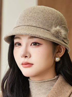 秋冬季女士羊毛盆帽加厚保暖中老年人妈妈毛呢礼帽英伦百搭马术帽