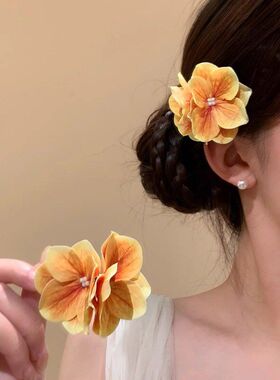 花朵简约拍照造型黄色海边感侧发夹女度假风明媚甜美边夹氛围发饰